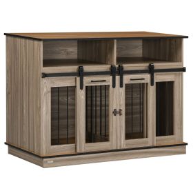 2-In-1 Large/Small Dog Crate Table with Removable Wall, Dog Crate Furniture with Shelving & Sliding Doors, 47" x 23.5" x 35", Oak