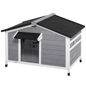 Wooden Cabin Style Outdoor Dog House with Openable Roof, Removable Bottom, Windows, Curtain, Foot Covers, Gray