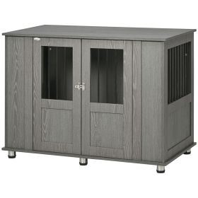Extra Large Wooden Dog Crate Furniture End Table with Lockable Magnetic Doors Indoor Pet Kennel Gray