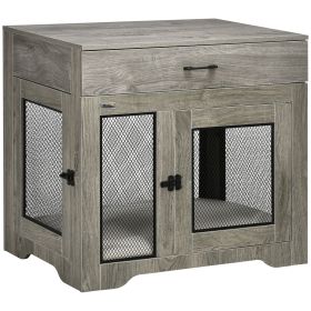 Luxury Dog Crate Furniture with Cushion End Table with Drawer and Doors for Small Dogs Stylish Gray
