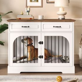 43.3" Farmhouse Dog Crate Furniture, Wooden Dog Kennel with 2 Storage Drawers and Rotating Food Bowls, Secure Metal Bar Crate for Lage & Medium D
