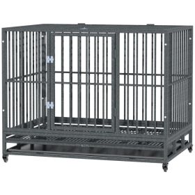 43" Heavy Duty Dog Crate Metal Cage Kennel with Lockable Wheels, Double Door and Removable Tray, Gray (Option: Grey Vein-1140x770x230 mm)