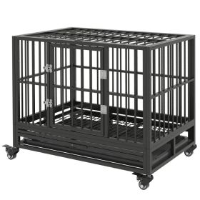 Heavy Duty Dog Crate Metal Cage Kennel With Lockable Wheels, Double Door And Removable Tray, Gray (Option: Gray)